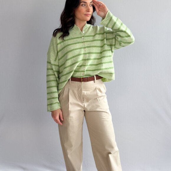 Women’s Light Green Striped Soft Knit Button Cardigan - Picture 7 of 11